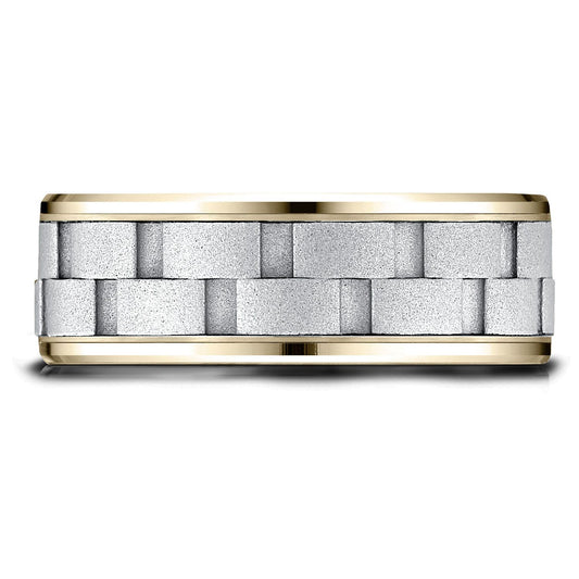 14k Two-toned 8mm Comfort-fit Drop Bevel Sandblasted Satin Finish Chain Link Design Band