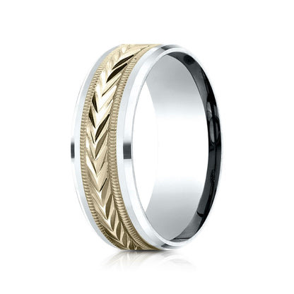 14k Two Tone 8mm Comfort Fit Drop Bevel Wheat Pattern Design Band