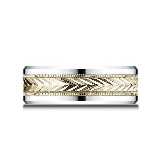 14k Two Tone 8mm Comfort Fit Drop Bevel Wheat Pattern Design Band