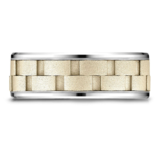 14k Two-toned 8mm Comfort-fit Drop Bevel Sandblasted Satin Finish Chain Link Design Band