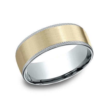 14k Two Tone 8mm Comfort Fit Knurled Edge Satin Finish Design Band