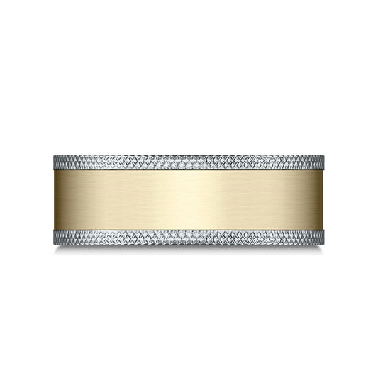 14k Two Tone 8mm Comfort Fit Knurled Edge Satin Finish Design Band