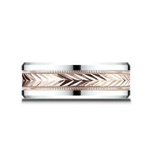 8mm Drop Bevel Wheat Pattern Carved Wedding Band, in 14K White Gold | RockHer