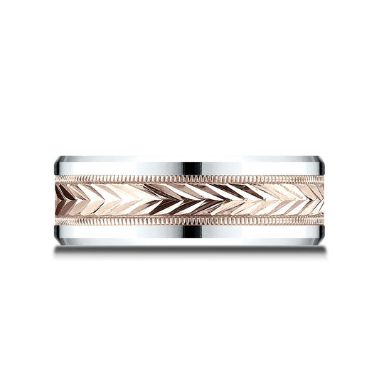 14k Two Tone 8mm Comfort Fit Drop Bevel Wheat Pattern Design Band