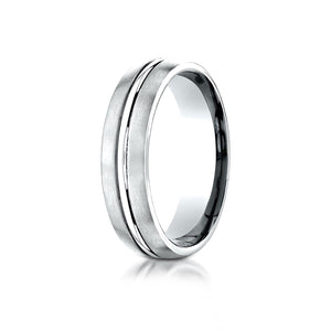 6mm Satin Finish High Polished Center Cut Carved Wedding Band, in 14K White Gold | RockHer