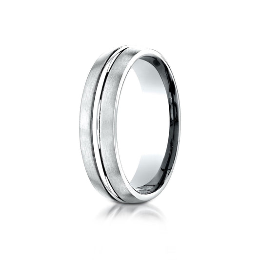 18k White Gold 6mm Comfort-fit Satin-finished With High Polished Center Cut Carved Design Band