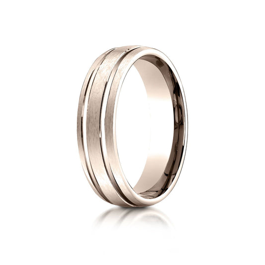 14k Rose Gold 6mm Comfort-fit Satin-finished With Parallel Grooves Carved Design Band