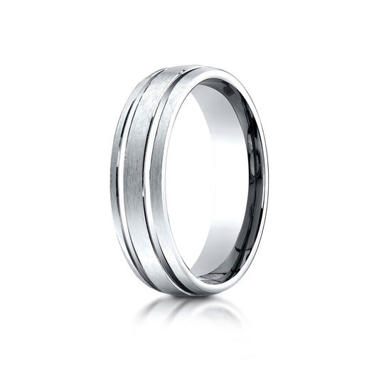 18k White Gold 6mm Comfort-fit Satin-finished With Parallel Grooves Carved Design Band