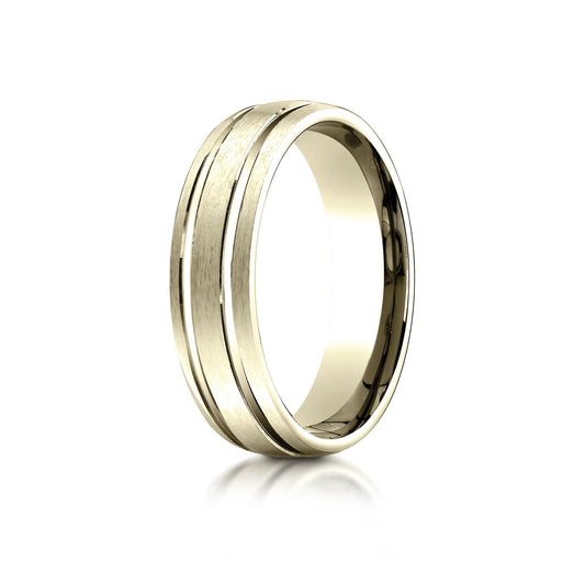 18k Yellow Gold 6mm Comfort-fit Satin-finished With Parallel Grooves Carved Design Band