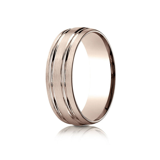 14k Rose Gold 7mm Comfort-fit Satin-finished With Parallel Grooves Carved Design Band