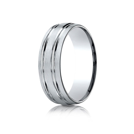 14k White Gold 7mm Comfort-fit Satin-finished With Parallel Grooves Carved Design Band