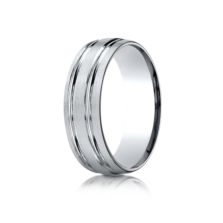7mm Satin Finish Parallel Groove Carved Wedding Band, in 14K White Gold | RockHer