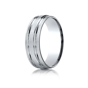 7mm Satin Finish Parallel Groove Carved Wedding Band, in 18K White Gold | RockHer