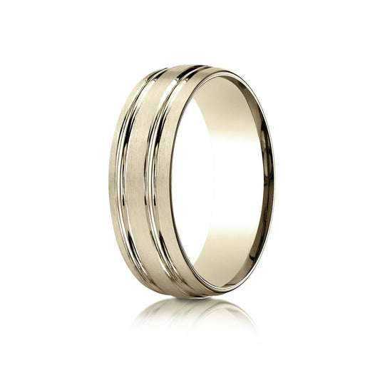 14k Yellow Gold 7mm Comfort-fit Satin-finished With Parallel Grooves Carved Design Band