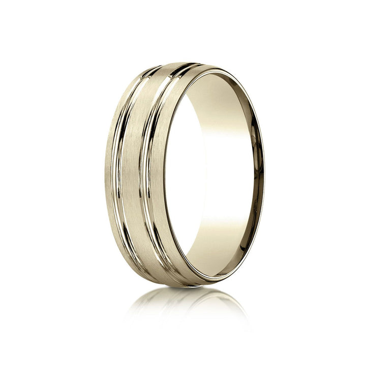 7mm Satin Finish Parallel Groove Carved Wedding Band, in 14K Yellow Gold | RockHer