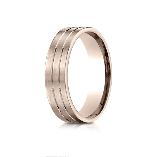 14k Rose Gold 6mm Comfort-fit Satin-finished With Parallel Center Cuts Carved Design Band