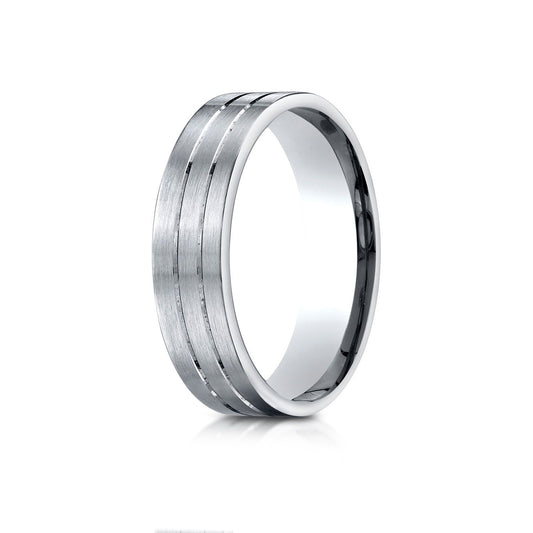 14k White Gold 6mm Comfort-fit Satin-finished With Parallel Center Cuts Carved Design Band