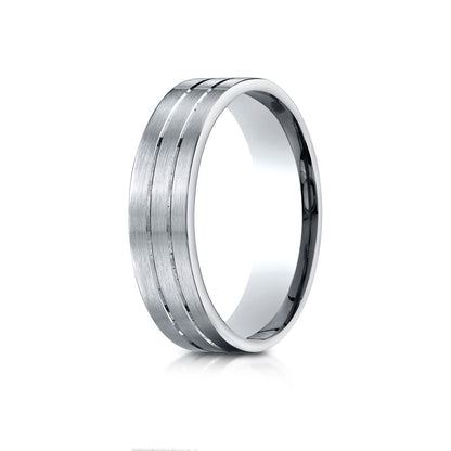 Platinum 6mm Comfort-fit Satin-finished With Parallel Center Cuts Carved Design Band