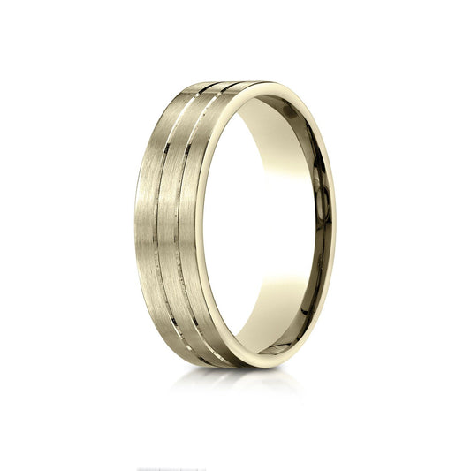 18k Yellow Gold 6mm Comfort-fit Satin-finished With Parallel Center Cuts Carved Design Band