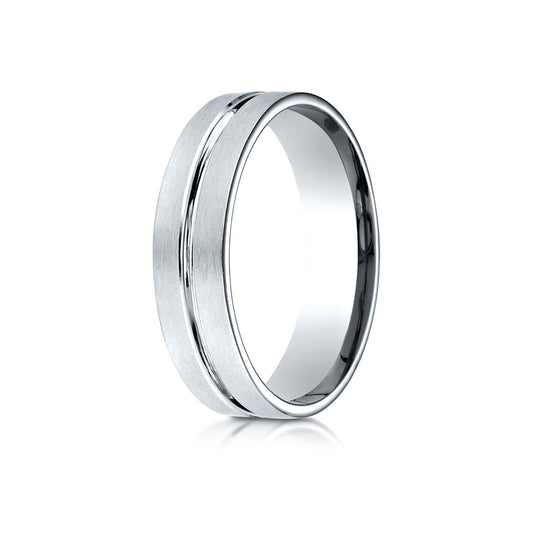 18k White Gold 6mm Comfort-fit Satin-finished With High Polished Center Cut Carved Design Band