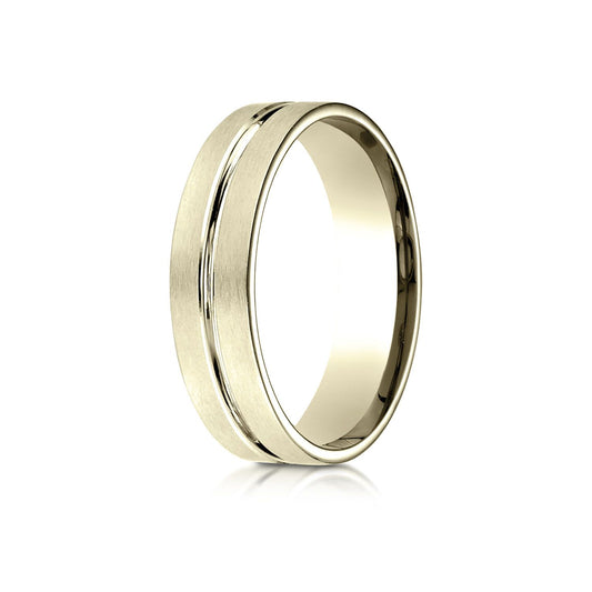 18k Yellow Gold 6mm Comfort-fit Satin-finished With High Polished Center Cut Carved Design Band