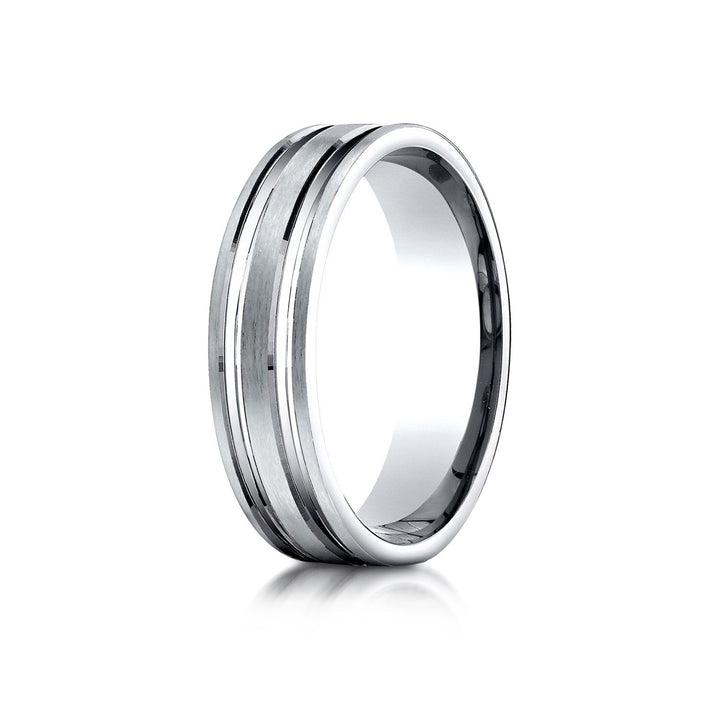 6mm Satin Finish Parallel Groove Carved Wedding Band, in 18K White Gold | RockHer