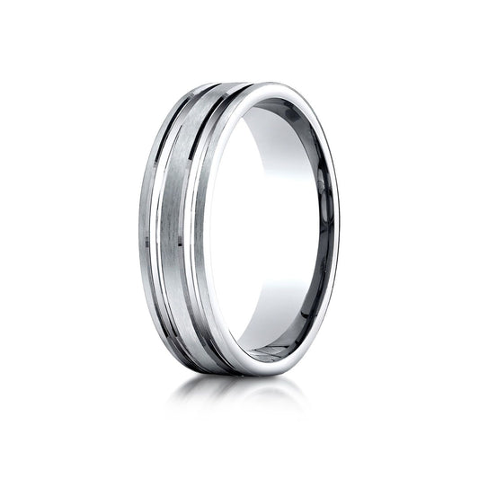 14k White Gold 6mm Comfort-fit Satin-finished With Parallel Grooves Carved Design Band