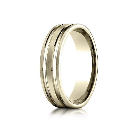14k Yellow Gold 6mm Comfort-fit Satin-finished With Parallel Grooves Carved Design Band