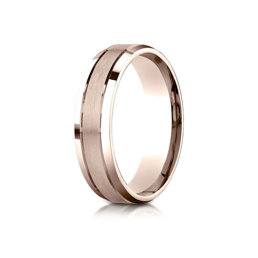 14k Rose Gold 6mm Comfort-fit Satin-finished High Polished Beveled Edge Carved Design Band
