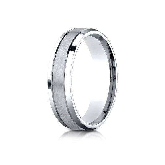 14k White Gold 6mm Comfort-fit Satin-finished High Polished Beveled Edge Carved Design Band