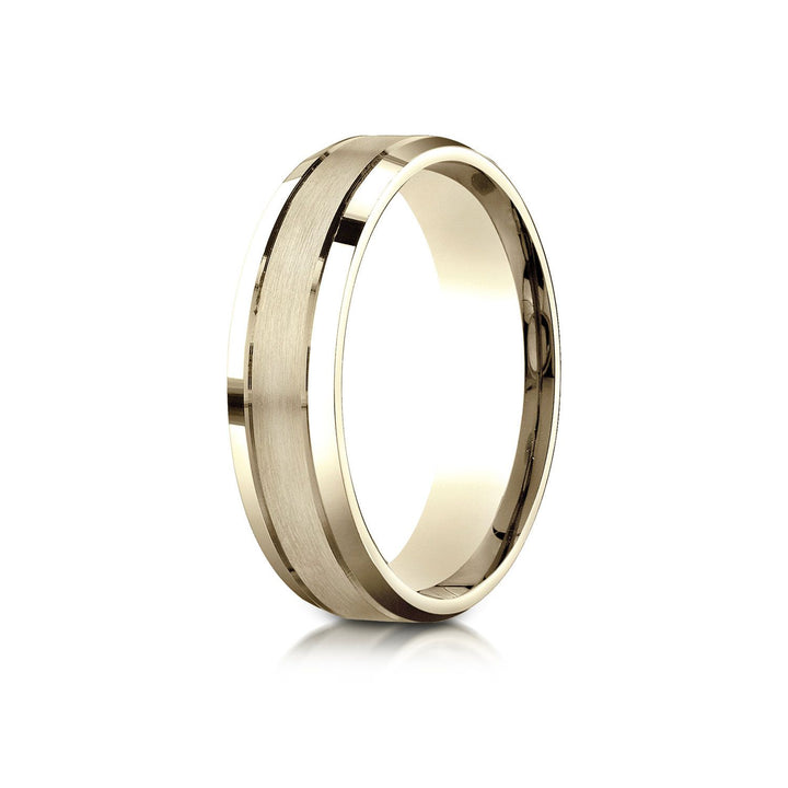 6mm Satin Finish High Polished Beveled Edge Carved Wedding Band, in 18K Yellow Gold | RockHer