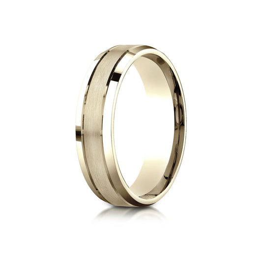 14k Yellow Gold 6mm Comfort-fit Satin-finished High Polished Beveled Edge Carved Design Band
