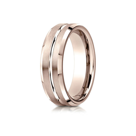 14k Rose Gold 6mm Comfort-fit Satin-finished With High Polished Cut Carved Design Band