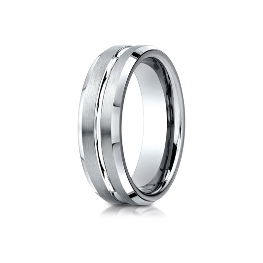 18k White Gold 6mm Comfort-fit Satin-finished With High Polished Cut Carved Design Band