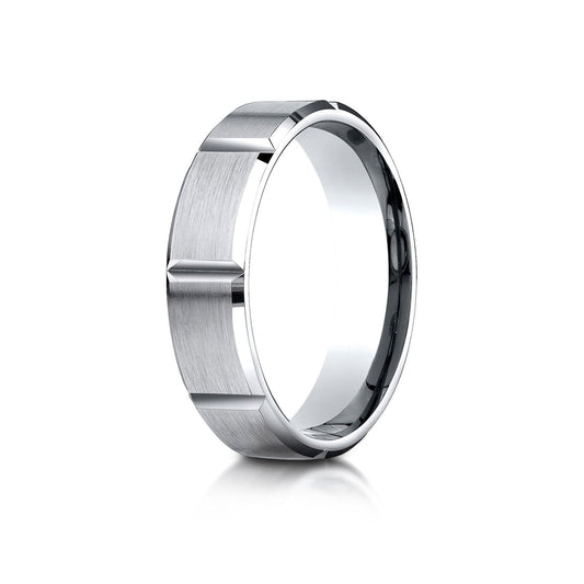 14k White Gold 6mm Comfort-fit Satin-finished Grooves Carved Design Band