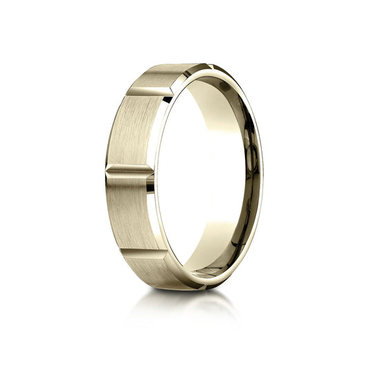 18k Yellow Gold 6mm Comfort-fit Satin-finished Grooves Carved Design Band
