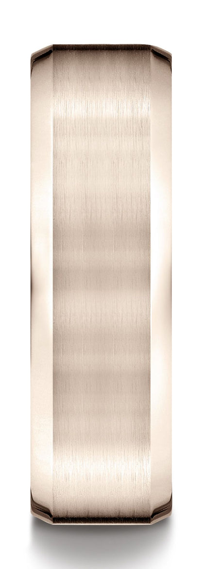 14k Rose Gold 7mm Comfort-fit Satin-finished With High Polished Beveled Edge Carved Design Band