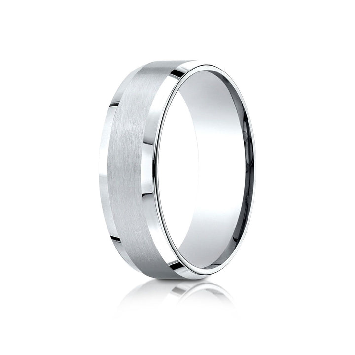 7mm Satin Finish High Polished Beveled Edge Carved Wedding Band, in 18K White Gold | RockHer