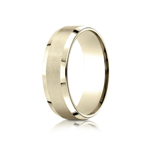 7mm Satin Finish High Polished Beveled Edge Carved Wedding Band, in 14K Yellow Gold | RockHer