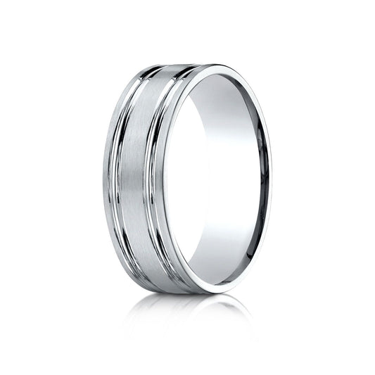 18k White Gold 7mm Comfort-fit Satin-finished With Parallel Grooves Carved Design Band