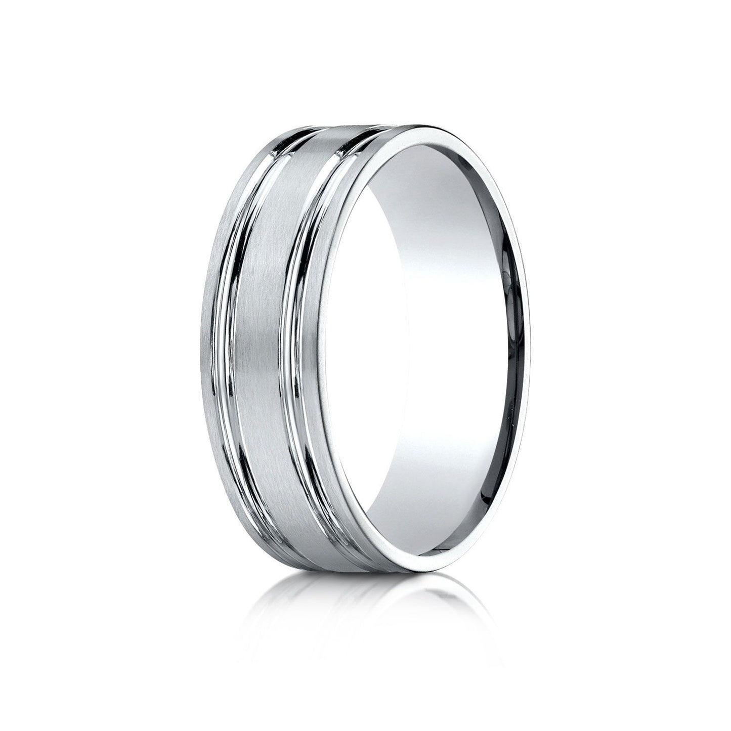 14k White Gold 7mm Comfort-fit Satin-finished With Parallel Grooves Carved Design Band