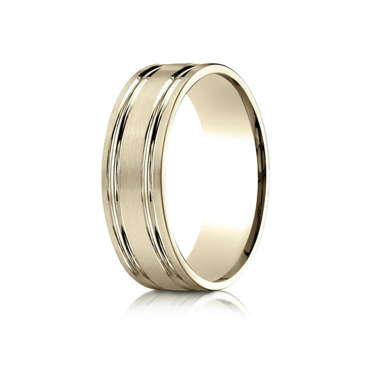 18k Yellow Gold 7mm Comfort-fit Satin-finished With Parallel Grooves Carved Design Band