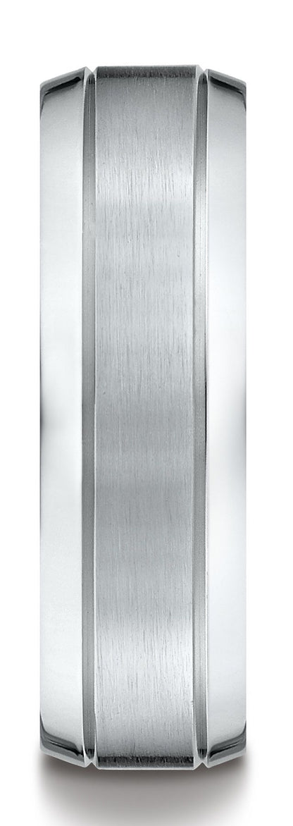Platinum 7mm Comfort-fit Satin-finished High Polished Beveled Edge Carved Design Band