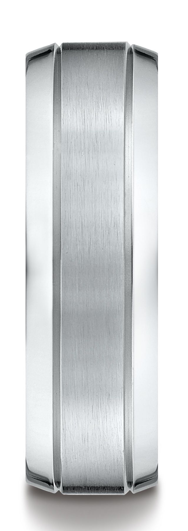 14k White Gold 7mm Comfort-fit Satin-finished High Polished Beveled Edge Carved Design Band