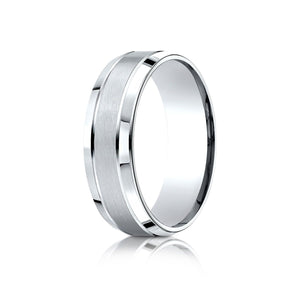 7mm Satin Finish High Polished Beveled Edge Carved Wedding Band, in 14K White Gold | RockHer