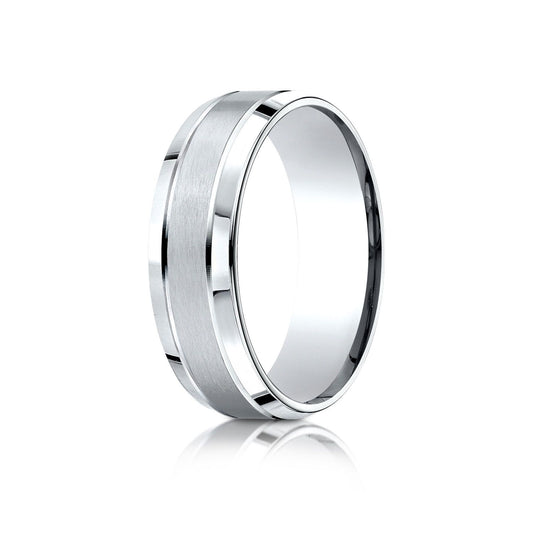 14k White Gold 7mm Comfort-fit Satin-finished High Polished Beveled Edge Carved Design Band