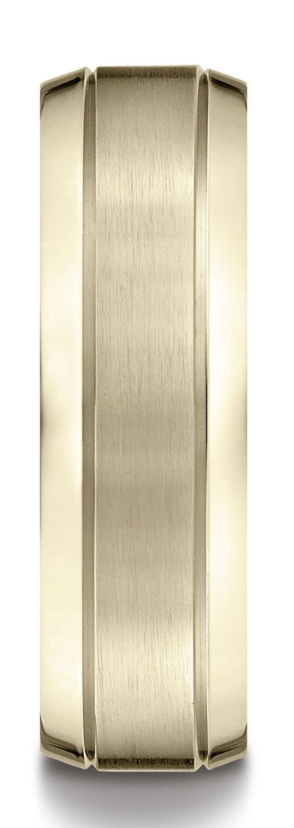 14k Yellow Gold 7mm Comfort-fit Satin-finished High Polished Beveled Edge Carved Design Band