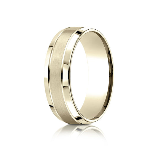 14k Yellow Gold 7mm Comfort-fit Satin-finished High Polished Beveled Edge Carved Design Band