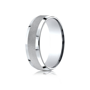 7mm High Polish Cross Hatch Center Carved Wedding Band, in 14K White Gold | RockHer