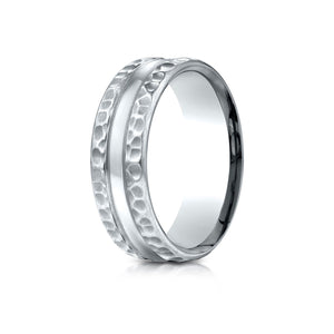 7.5mm Hammered Finish Carved Wedding Band, in 18K White Gold | RockHer